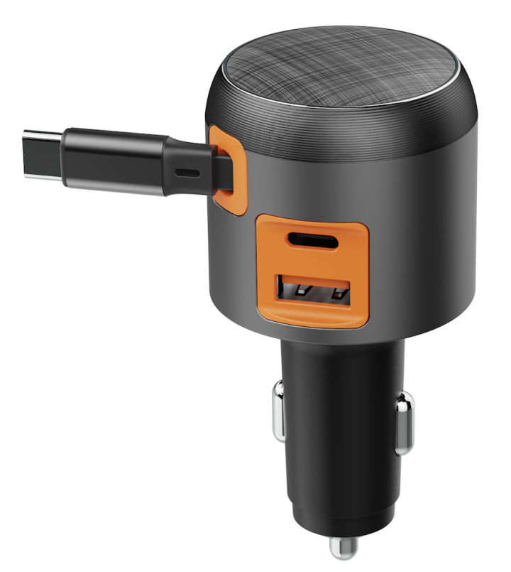 75W USB-A + USB-C Car Charger with Integrated PD45W  Retractable USB-C Cable
