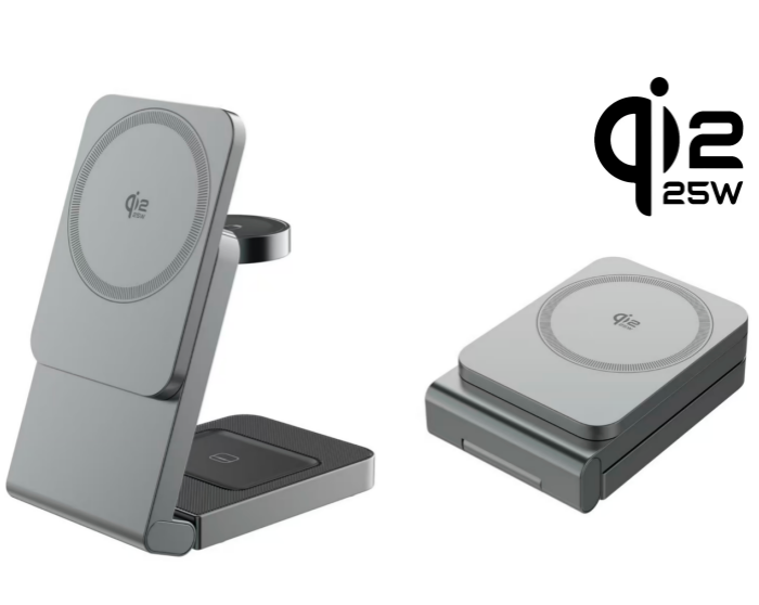 QI2.2 Certified 3 in 1 Foldable 25W FAST Magnetic Wireless charging Stand,  with automatically pop-up Apple Watch charger + telescopic height adjustment