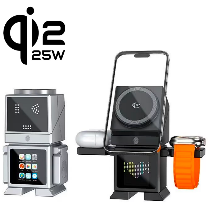 QI2.2 Certified Robot 6 in 1 Touch Auto Rotation Multifunctional Foldable 25W FAST Magnetic Wireless charging Stand with Bluetooth speaker, TF card slot and in APP control