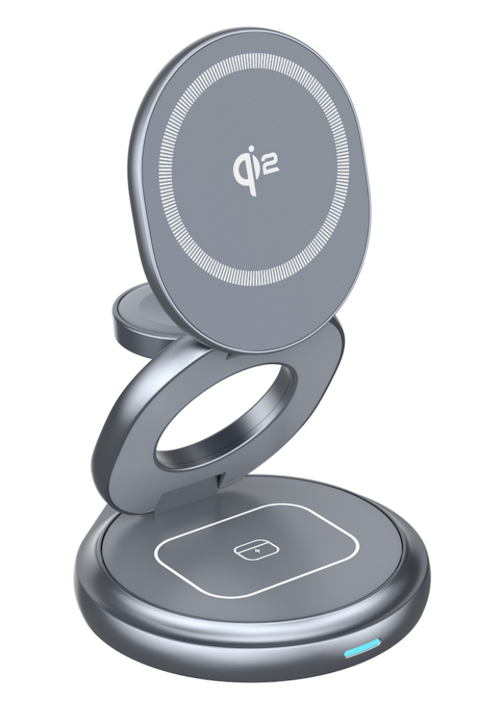 QI2 Certified Full Zinc alloy 360° Rotatable and Foldable 3 in 1 15W FAST Magnetic Wireless charging Stand for Apple devices