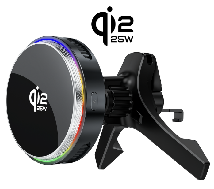Aluminum alloy + Tempered Glass QI2.2 Certified Tempered Glass 25W FAST Magnetic Wireless Car Charger, with new triangle car air vent hook and semiconductor ice cooling