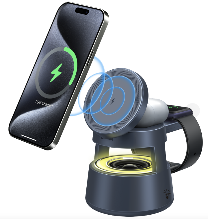 Foldable 5 in 1 15W FAST Magnetic Wireless charging Stand with Bluetooth Speaker + Night-light