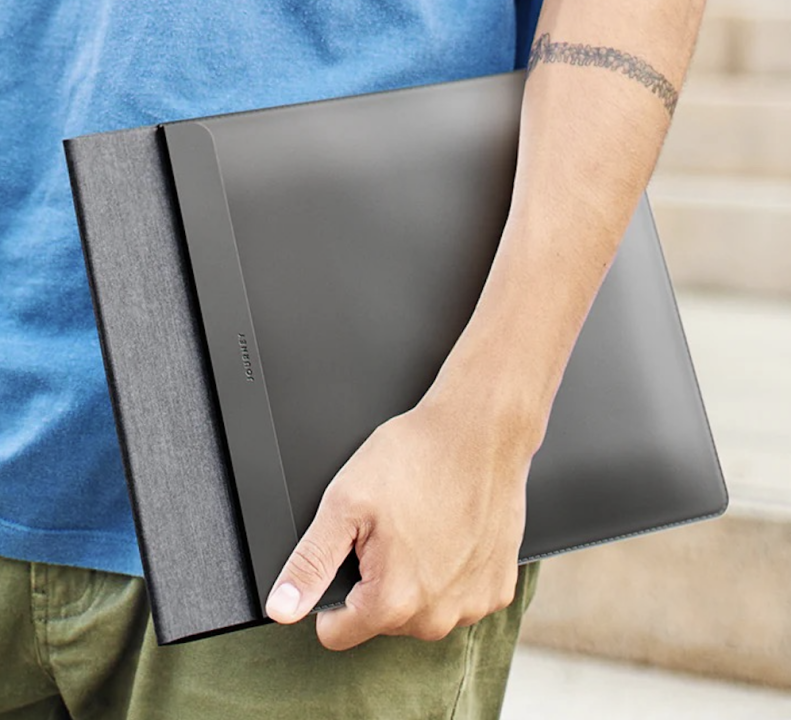Foldable PU leather + Fabric MacBook Sleeve with 2 in 1 Magnetic Wireless Charger for iPhone 16/15/14/13/12 series + AirPods/AirPods Pro, also can be used as a Mouse Pad