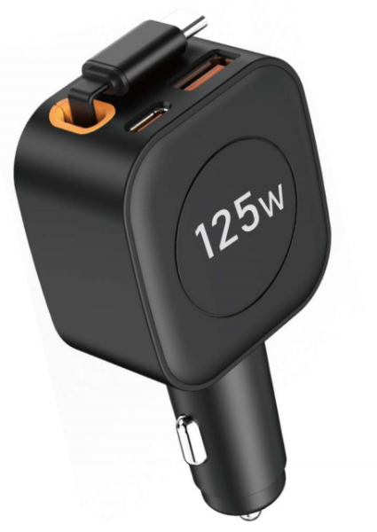 125W Big Power USB-A + USB-C Car Charger with integrated PD 65W retractable USB-C cable