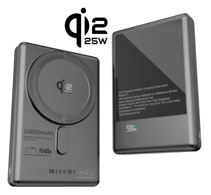 QI2.2 Certified 25W FAST Semi-solid State Magnetic Wireless charging Power Bank (10000mAh), with digital power LED display + PD 45W USB-C output
