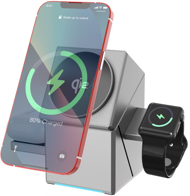 QI2 Certified Square Shaped 3 in 1 Auto Rotation Metal finish 15W FAST Magnetic Wireless charging Stand for iPhone 16/15/14/13/12 series + Apple Watch S2-10/SE/Ultra 1-2 + AirPods/AirPods Pro