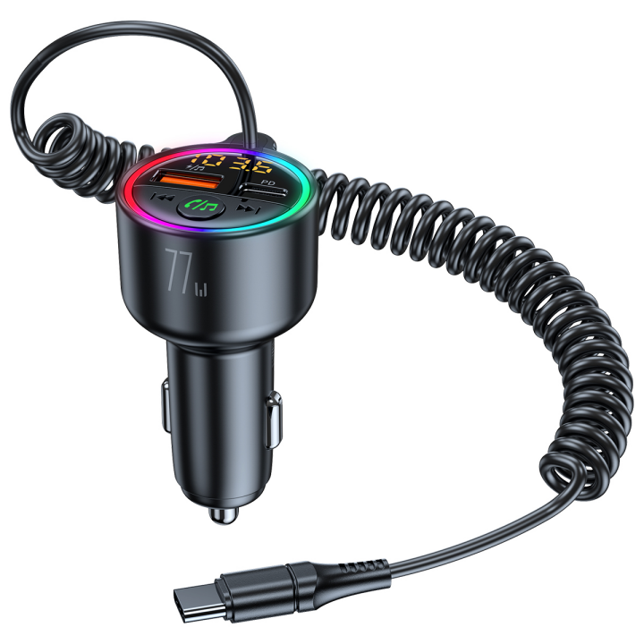 PD65W + QC3.0 Fast charging Car Charger + Bluetooth FM Transmitter with integrated 1.6M retractable USB-C cable