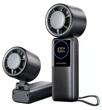 Portable Foldable Handheld Ice-compress Cooling Fan with power bank function (6000mAh), built-in integrated charging USB-C cable for phones, also can be as a lanyard