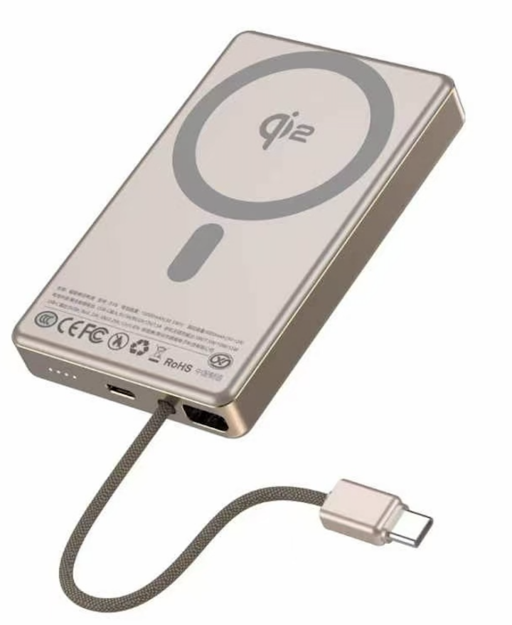 QI2 Certified Aluminum alloy 2 in 1 Magnetic Wireless charging Power Bank (10000mAh) with built-in USB-C cable