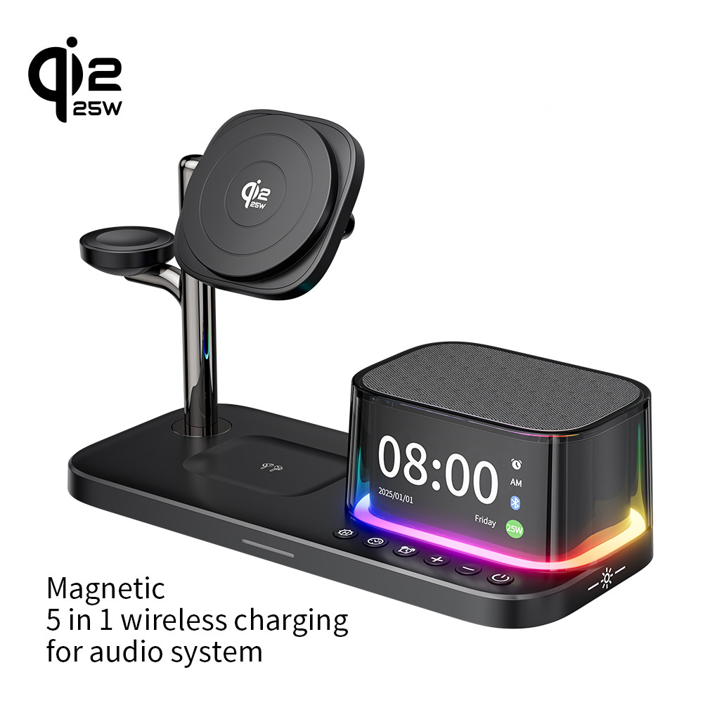 QI2.2 Certified 5 in 1 Zinc alloy 25W FAST Magnetic Wireless charging Stand with Bluetooth speaker, alarm clock and night light