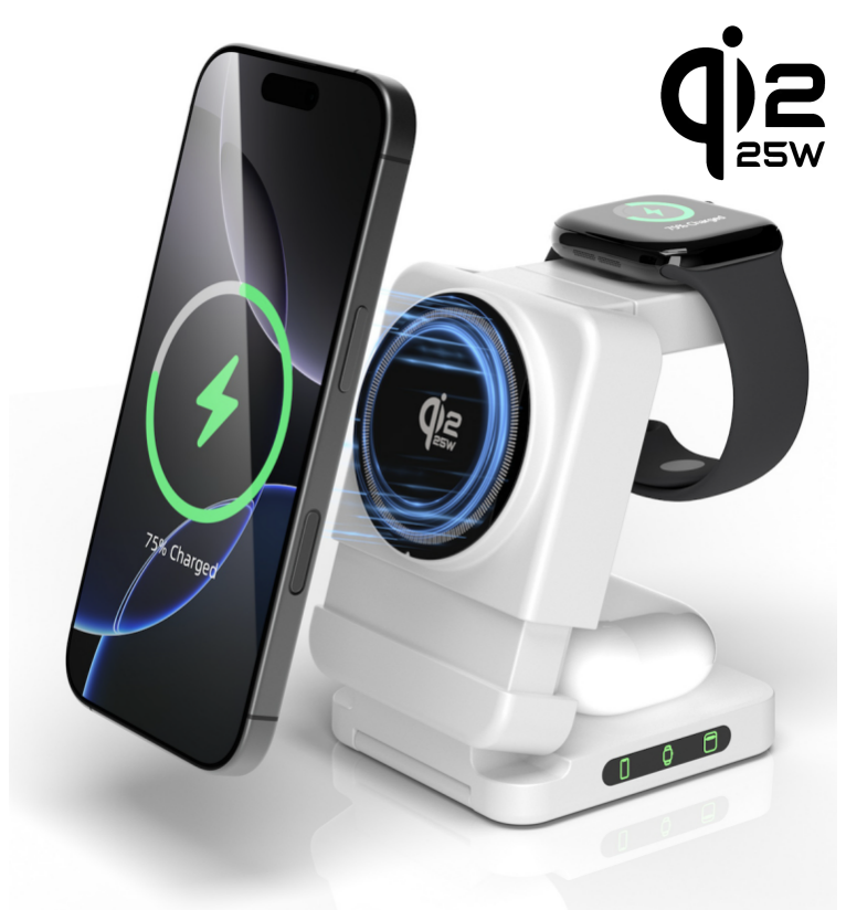 QI2.2 Certified 3 in 1 Foldable 25W FAST Wireless charging Stand, with rotatable double-sided watch wireless charger for both Apple and Samsung watch