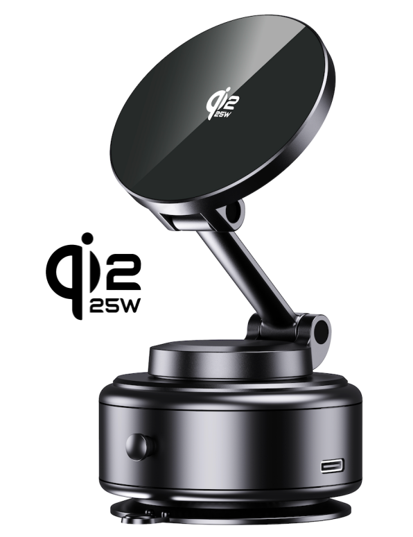 Foldable Zinc alloy + Tempered Glass Vacuum Suction QI2.2 Certified 25W FAST Magnetic Wireless charging Stand with automatic electric suction function