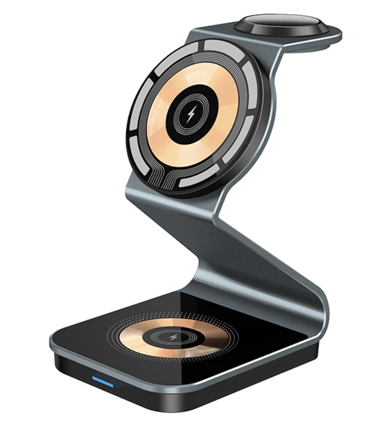 Aluminium alloy Transparent 3 in 1 15W FAST Magnetic Wireless charging Stand for iPhone 16/15/14/13/12 series + Apple Watch S2-10/SE/Ultra 1-2 + AirPods/AirPods Pro