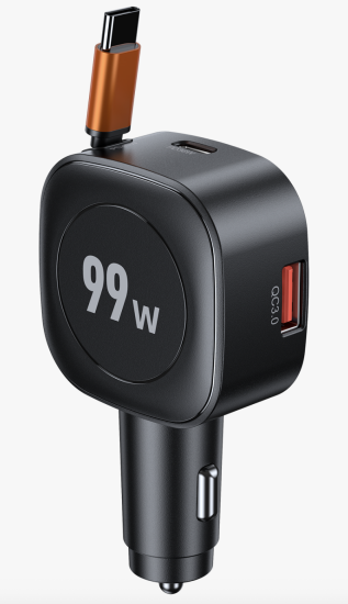 99W USB-A + USB-C Car Charger with Integrated PD 45W  Retractable USB-C Cable