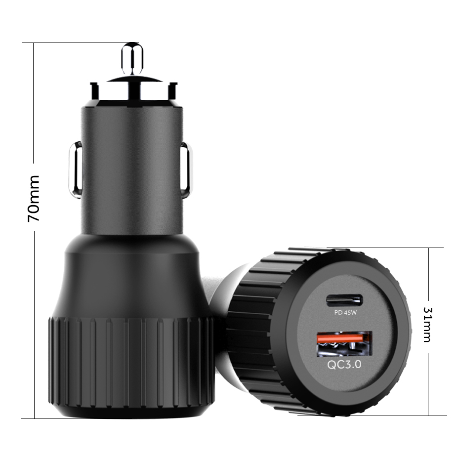 63W Aluminium alloy Super mini Dual USB Car Charger (PD45W + QC3.0 18W)