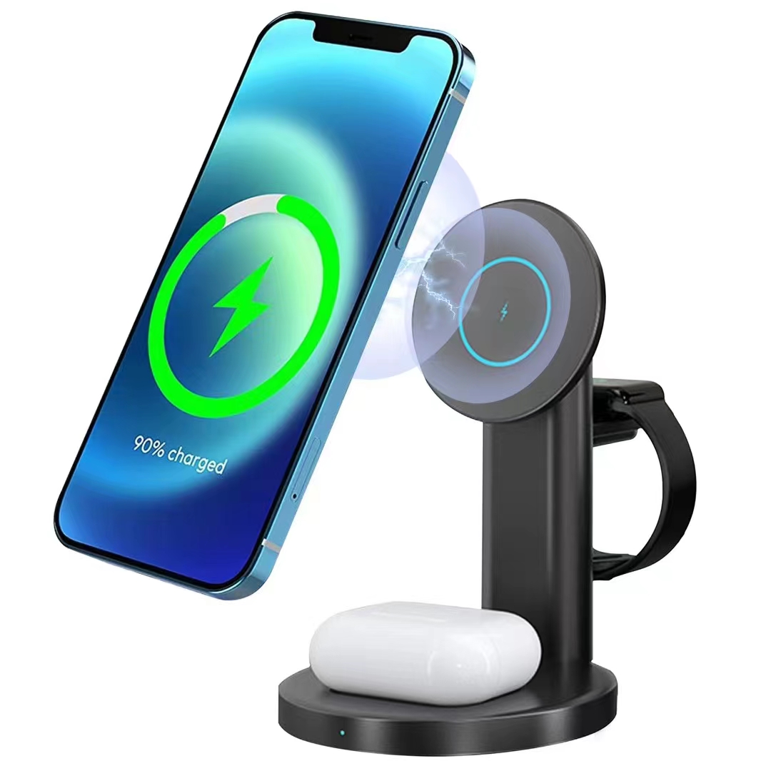 Qi certified 3 in 1 Zinc alloy 15W FAST Magnetic Wireless charging Stand for iPhone 16/15/14/13/12 series + Apple Watch S2-10/SE/Ultra 1-2 + AirPods/AirPods Pro